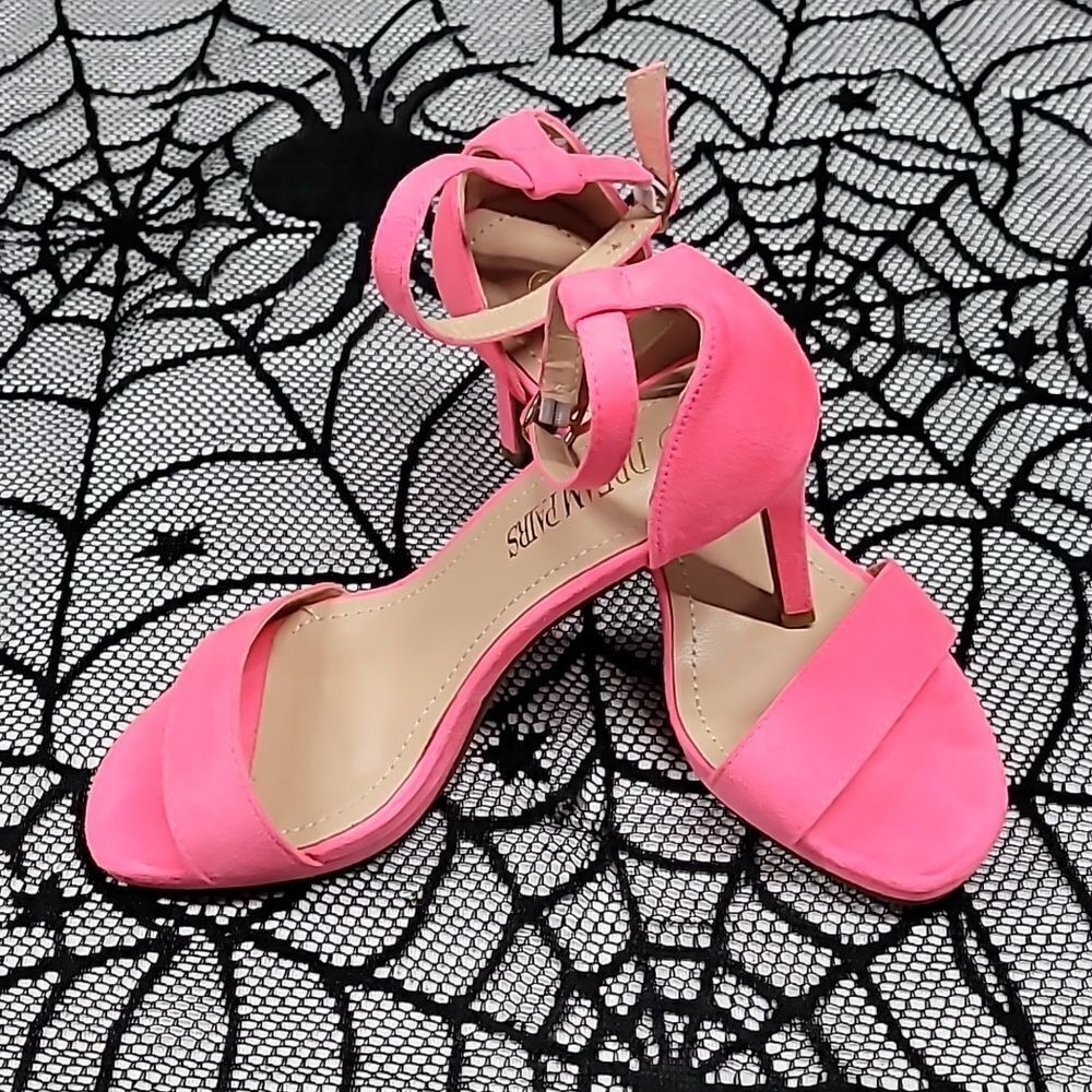 Neon Pink Suede Open Toe Heels